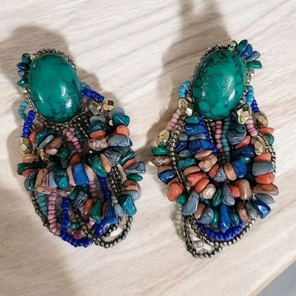 Vintage 1980s Faux Gemstone Beaded Multi Strand Statement  Dangle Earrings